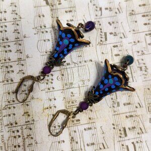 Black Blue Hand Painted Lucite Purple Dots Earrings, Crystal, Filigree